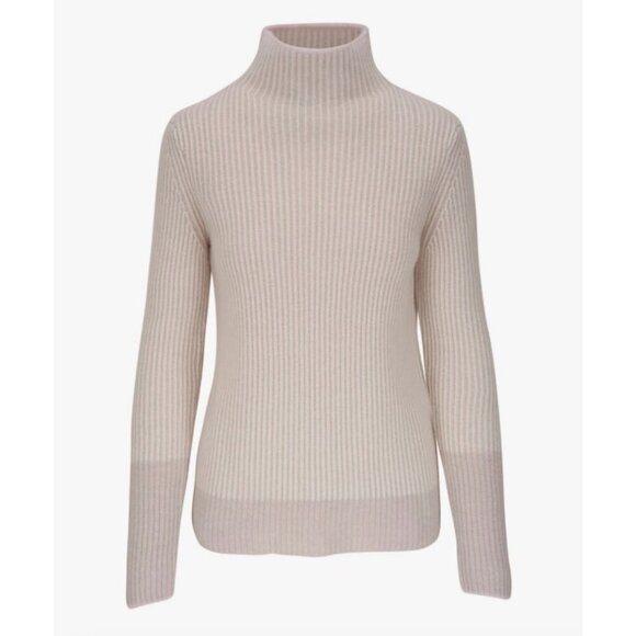 Kinross Cashmere Almond Funnel Neck Cashmere Sweater Beige Pink Trim Size Medium - Picture 1 of 9